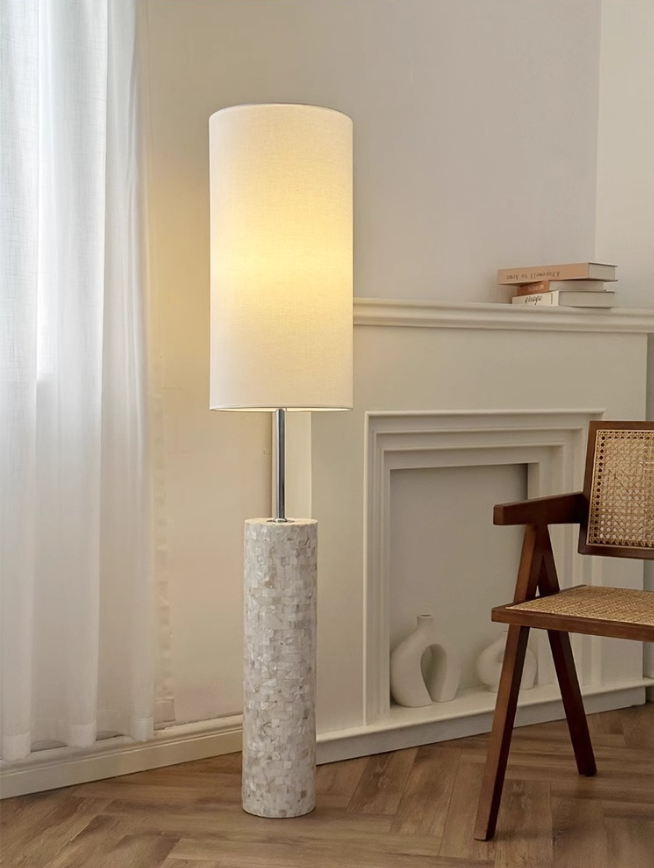 Floor Lamps — Stone Column Floor Lamp with Cylindrical Fabric Shade
