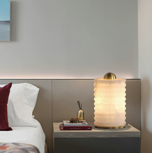 Bedroom — Ribbed Stone Cylinder Table Lamp