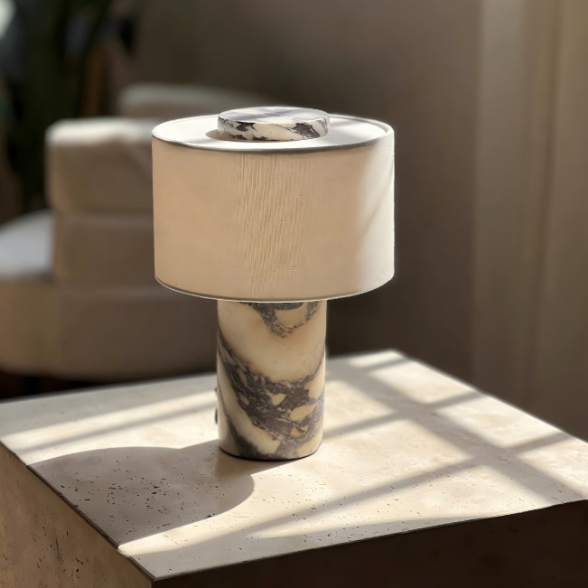 Marble & Stone — Stone Cylinder Table Lamp with Drum Shade