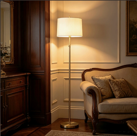 Brass-Tone Metal Floor Lamp with Fabric Drum Shade — product view 1