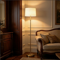 Brass-Tone Metal Floor Lamp with Fabric Drum Shade — product view 1