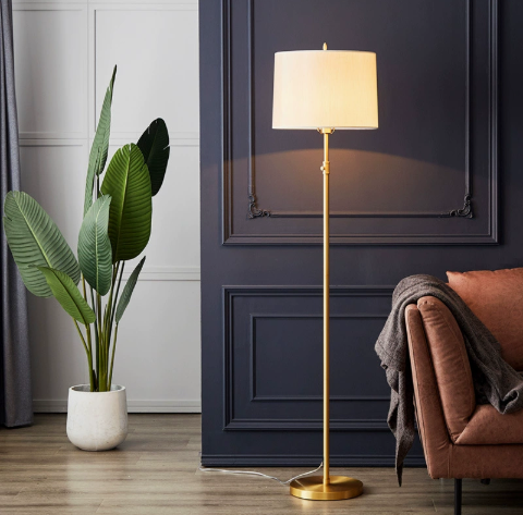 Brass-Tone Metal Floor Lamp with Fabric Drum Shade — product view 3