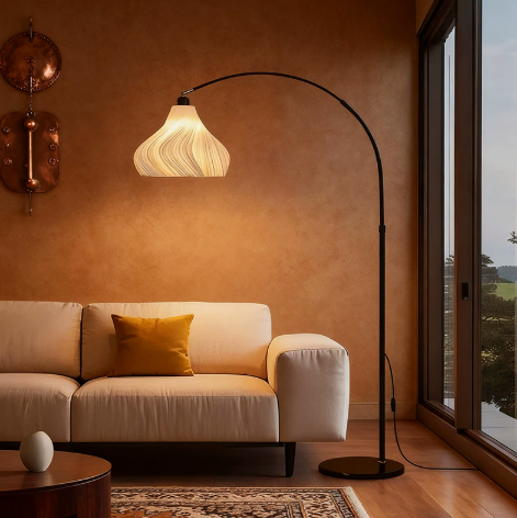 Iron Arc Floor Lamp with Pleated Fabric Shade — product view 1
