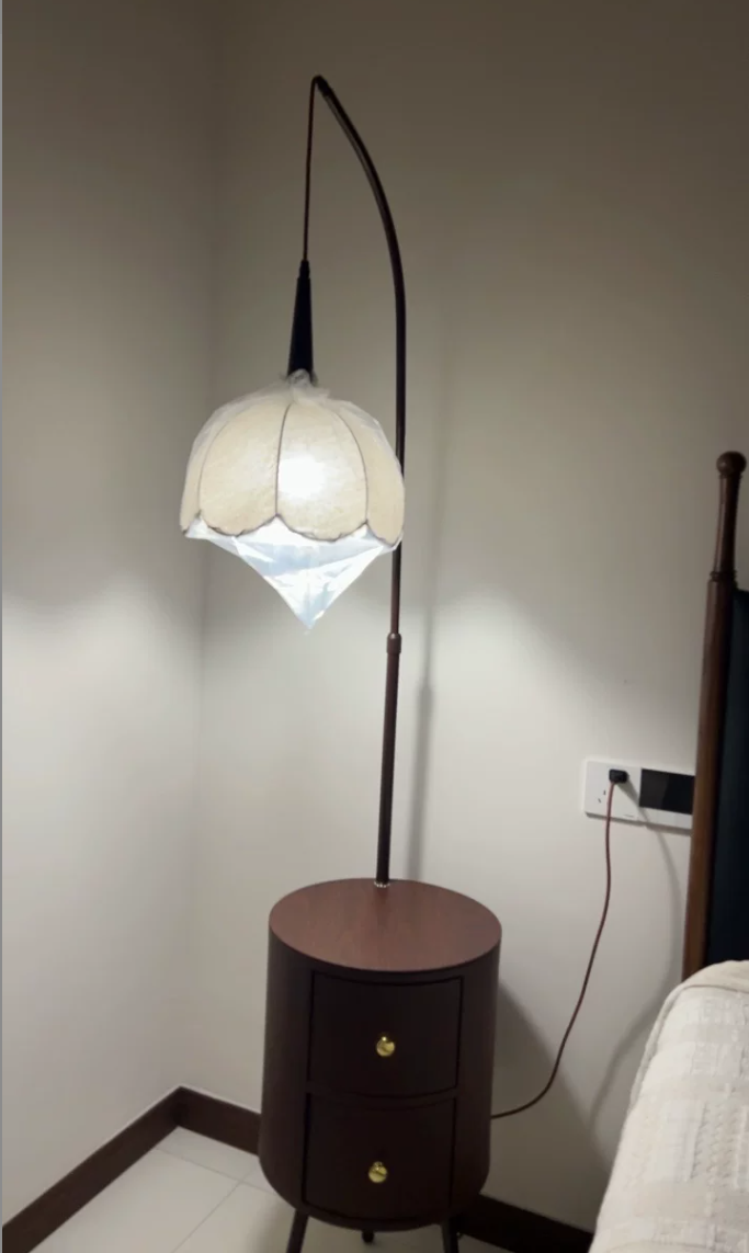 Curved Metal and Wood Floor Lamp with Tulip Shade — product view 1