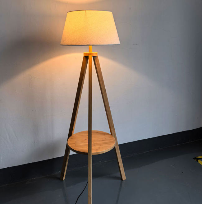 Wood Tripod Floor Lamp with Round Shelf — product view 1