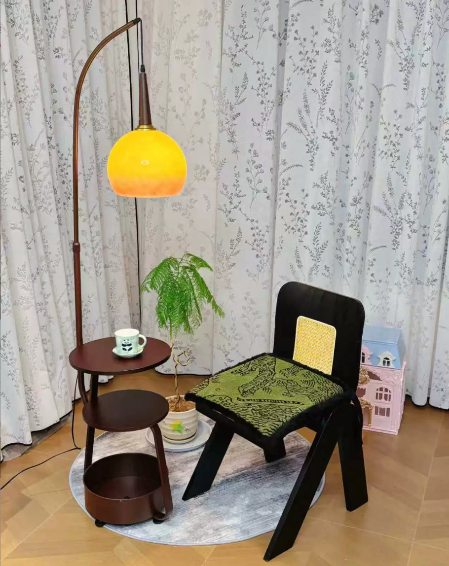 Arc Floor Lamp with Acrylic Dome and Wood Table — product view 1