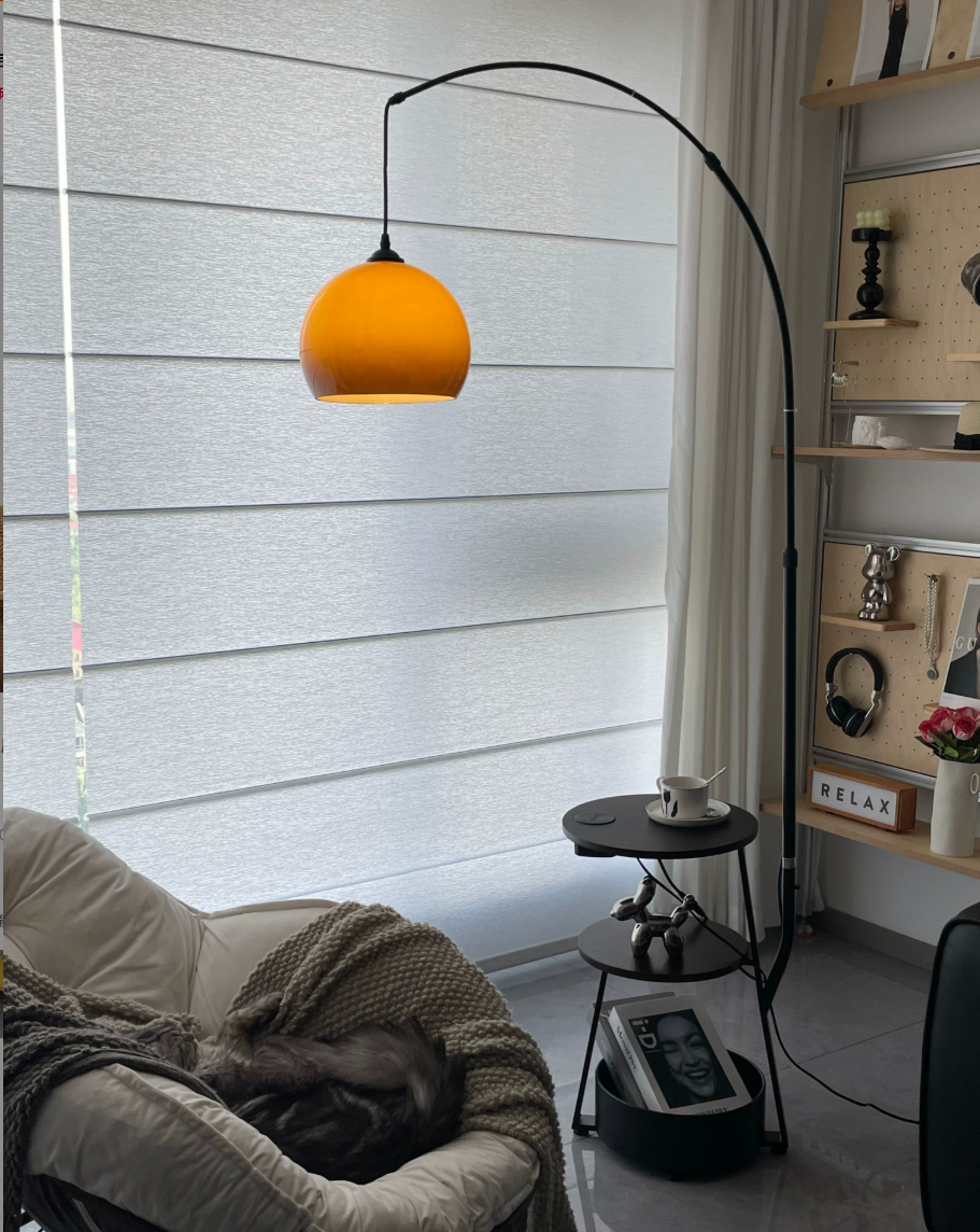 Arc Floor Lamp with Acrylic Dome and Wood Table — product view 2