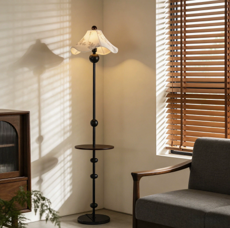 Iron Floor Lamp with Floral Shade and Shelves — product view 1