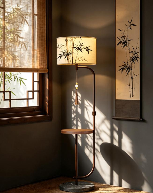 Metal and Wood Floor Lamp with Patterned Shade and Table — product view 1