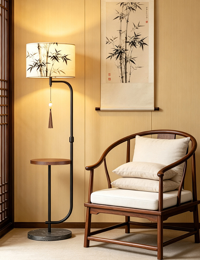 Metal and Wood Floor Lamp with Patterned Shade and Table — product view 2