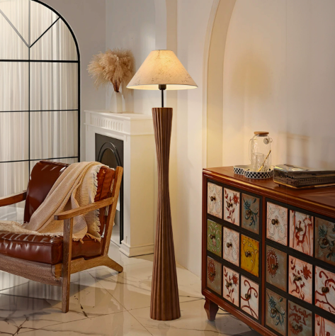 Tapered Wood Floor Lamp with Fabric Shade — product view 1