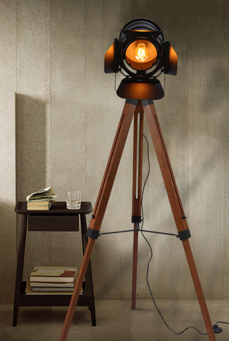 Wood Tripod Floor Lamp with Studio-Style Spotlight — product view 1