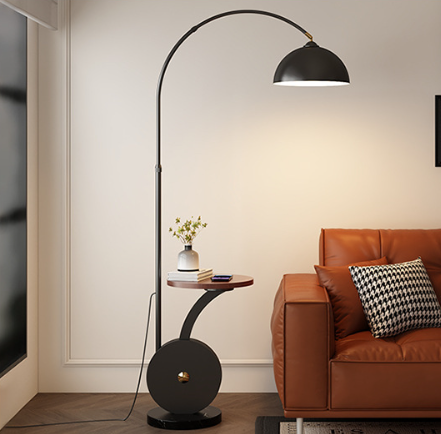 Metal and Wood Arc Floor Lamp with Side Table — product view 1