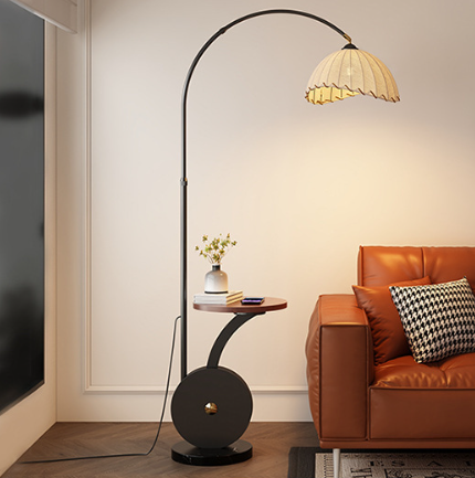 Metal and Wood Arc Floor Lamp with Side Table — product view 2