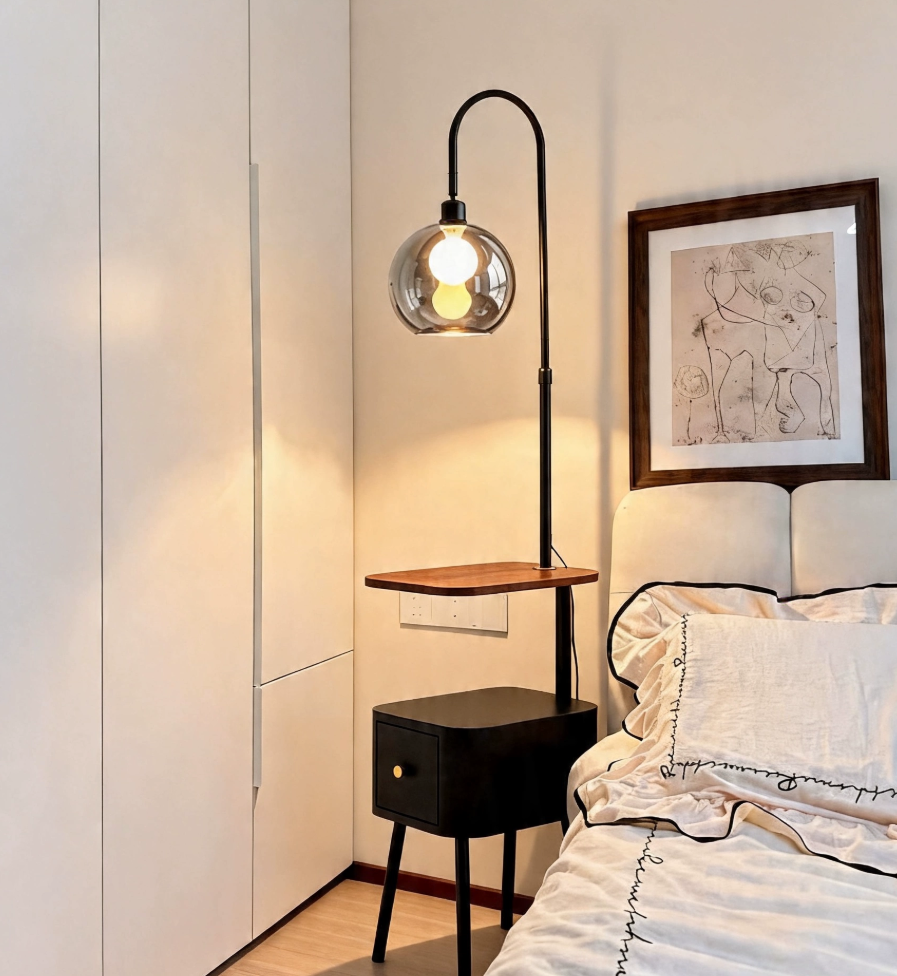 Metal and Wood Floor Lamp with Shelf and Storage — product view 2