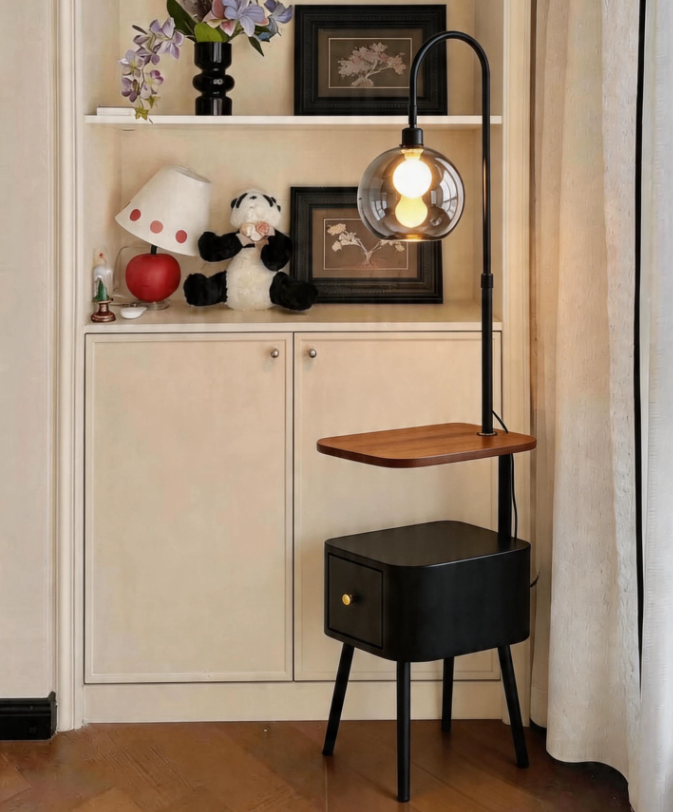 Metal and Wood Floor Lamp with Shelf and Storage — product view 1