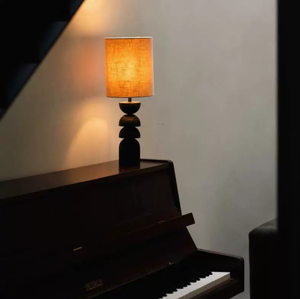 Sculptural Wood Floor Lamp with Fabric Shade — product view 2