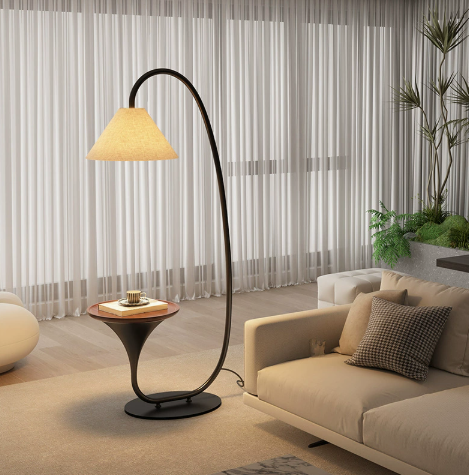 Arc Floor Lamp with Fabric Shade and Side Table — product view 2