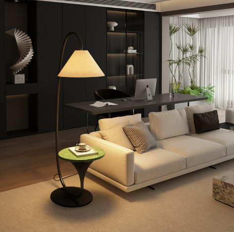Arc Floor Lamp with Fabric Shade and Side Table — product view 1