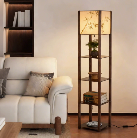 Wood Shelf Floor Lamp with Decorative Panels — product view 1