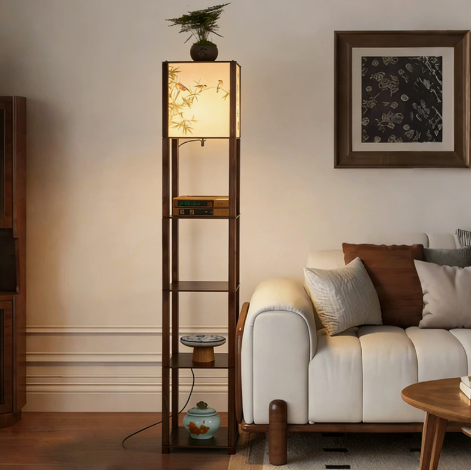 Wood Shelf Floor Lamp with Decorative Panels — product view 2