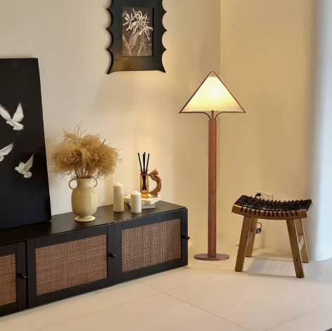 Wood Floor Lamp with Triangular Fabric Shade — product view 2