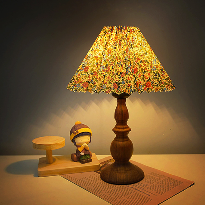 Turned-Wood Table Lamp with Floral Shade — product view 1