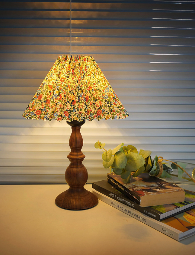 Turned-Wood Table Lamp with Floral Shade — product view 2