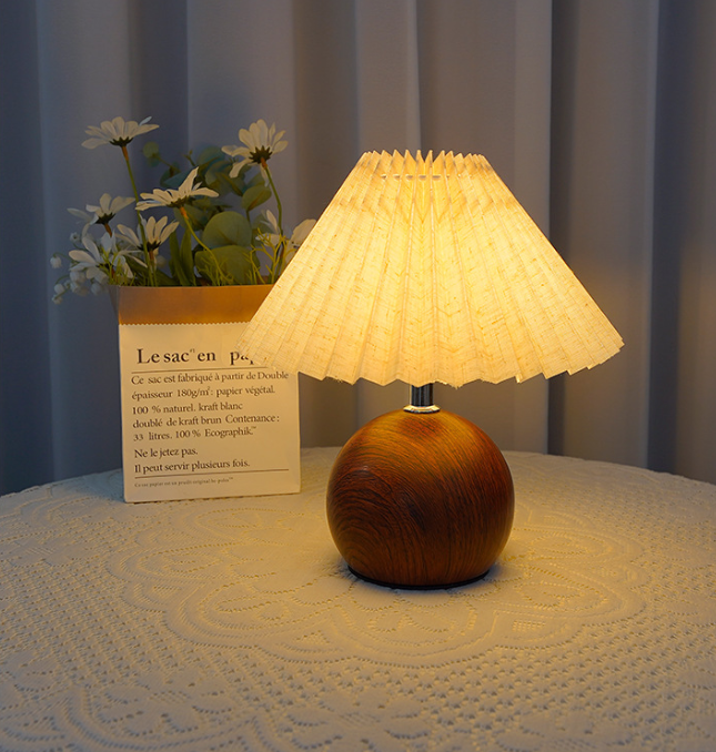 Wood Table Lamp with Pleated Shade and Finish Options — product view 1