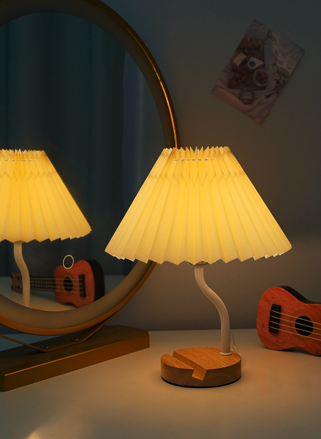 Curved-Neck Table Lamp with Pleated Fabric Shade — product view 1