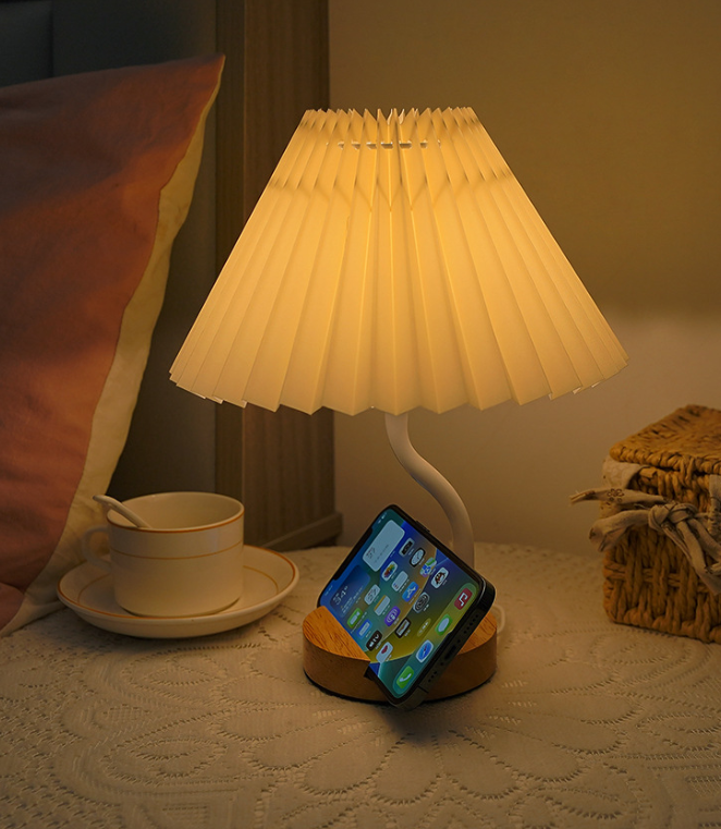 Curved-Neck Table Lamp with Pleated Fabric Shade — product view 2