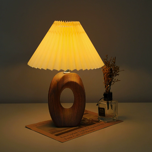 Sculptural Wood Table Lamp with Pleated Shade — product view 1