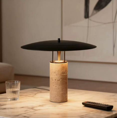 Stone-Base Table Lamp with Flat Disc Shade — product view 2