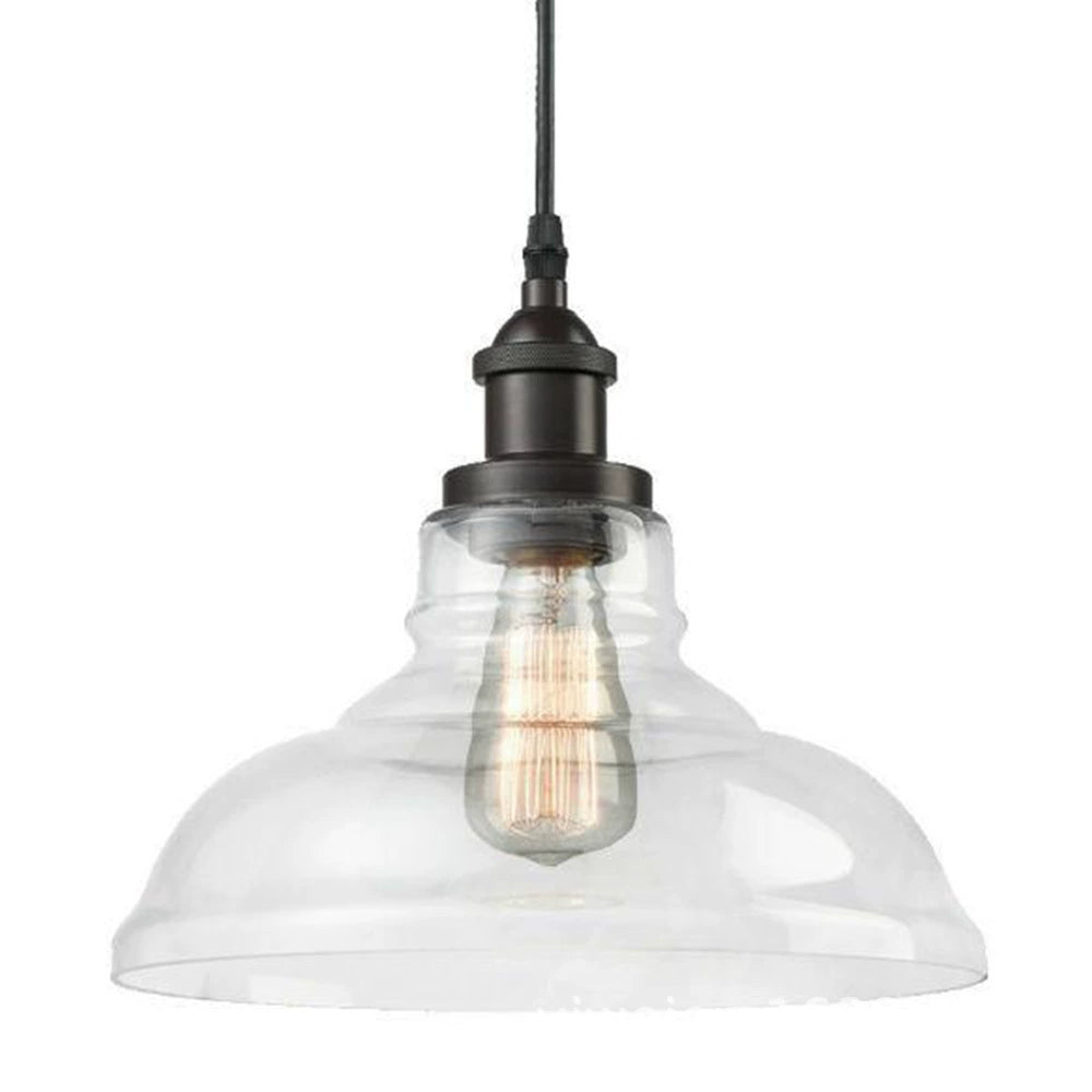Single clear bell glass pendant light with a dark iron fitting