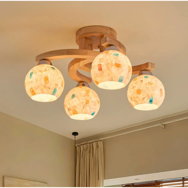 Japanese-Inspired Round Wood Flush Mount Light in interior setting 2